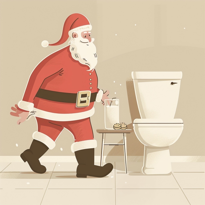 Illustration of Santa Clause walking to the toilet